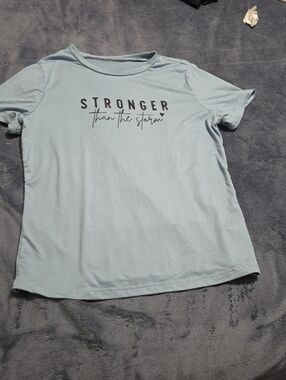 SHEIN Light Blue 'Stronger Than The Storm' Short Sleeve Graphic Tee